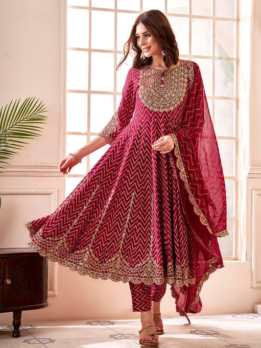 Anouk Maroon Chevron Embroidered Empire Thread Work  Anarkali Kurta