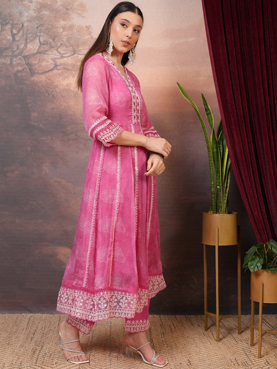 Vishudh Pink Floral Printed Mirror Work Anarkali Kurta