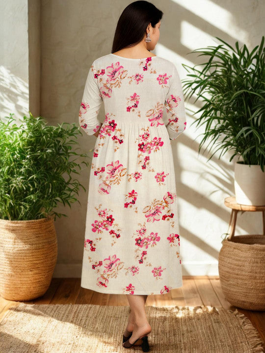 Vaidiki Floral Printed Gathered Detail Fit and Flare Maternity Dress
