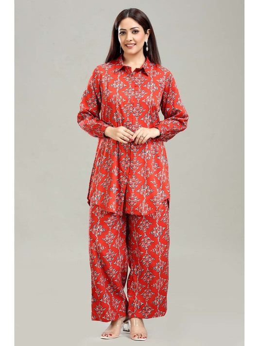 Coral Red Rayon Straight Printed Co-Ord (Set of 2)