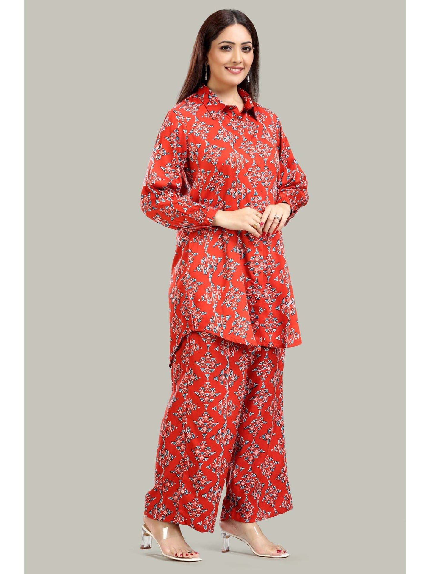 Coral Red Rayon Straight Printed Co-Ord (Set of 2)