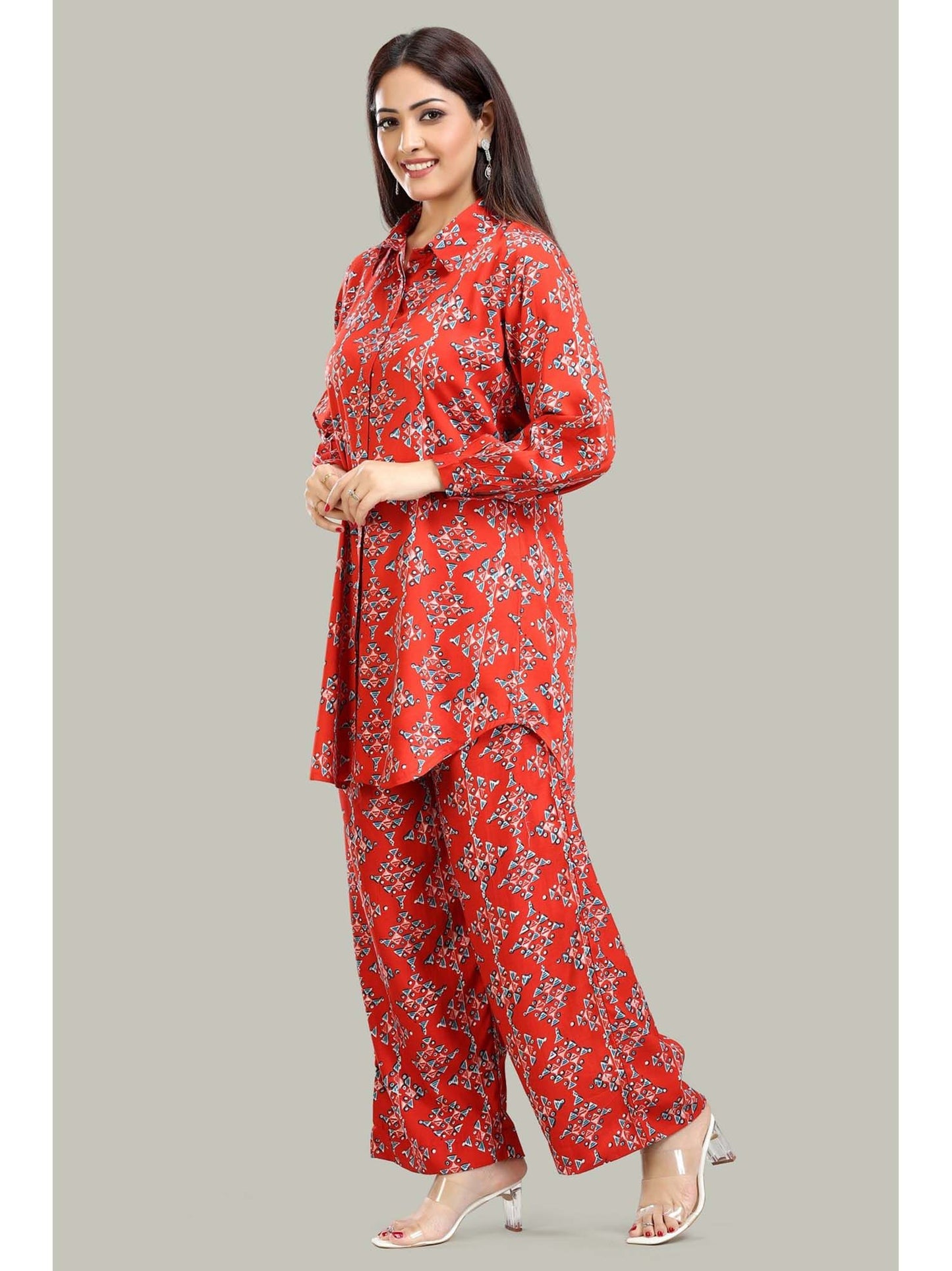 Coral Red Rayon Straight Printed Co-Ord (Set of 2)