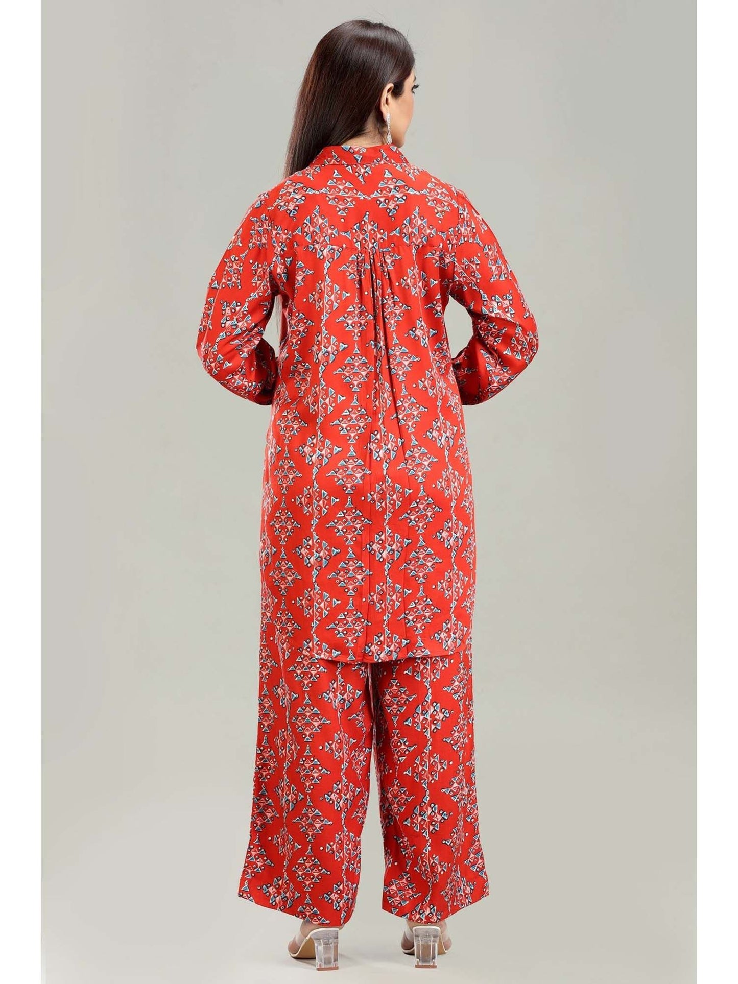 Coral Red Rayon Straight Printed Co-Ord (Set of 2)