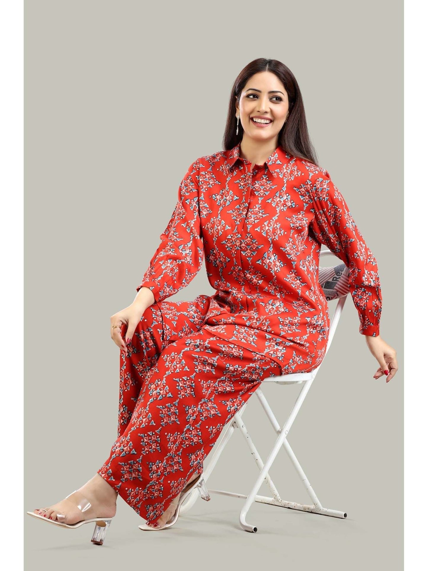 Coral Red Rayon Straight Printed Co-Ord (Set of 2)