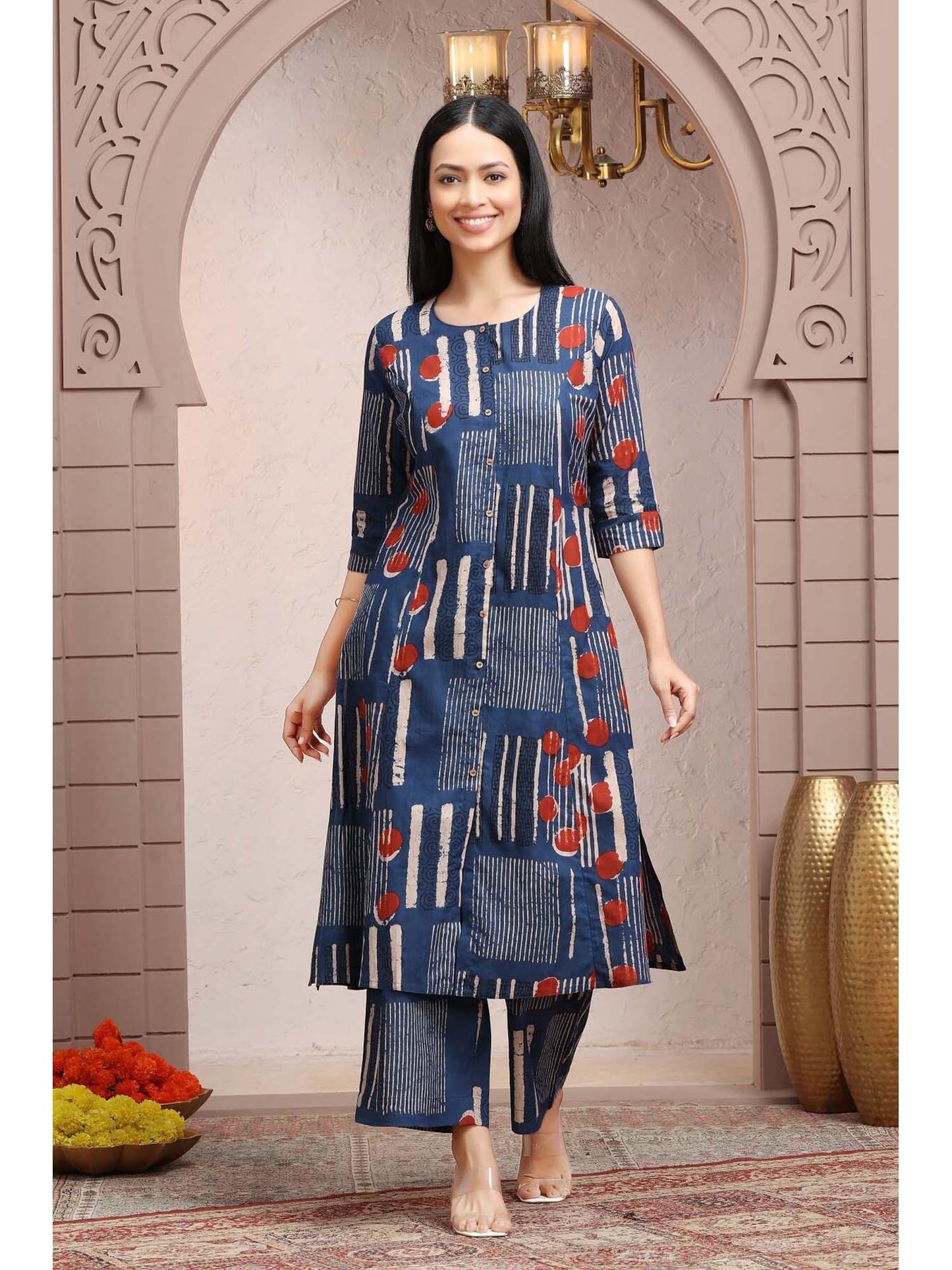 Indigo Blue Jaipuri Cotton Straight Printed Co-Ord (Set of 2)