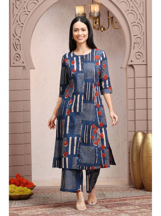 Indigo Blue Jaipuri Cotton Straight Printed Co-Ord (Set of 2)