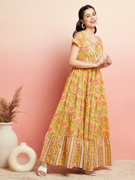 AKS Floral Printed Cotton Fit & Flare Maxi Ethnic Dress