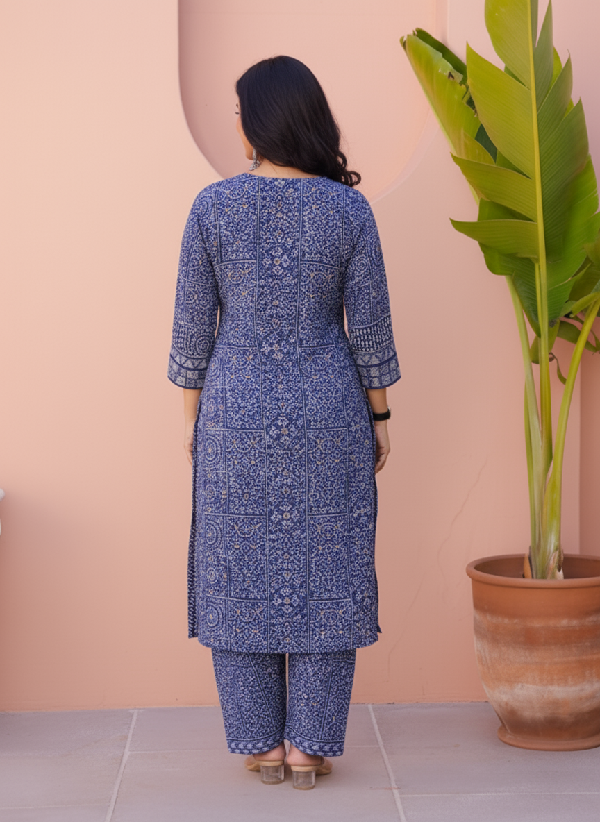 Viscose Geometric Straight Indigo blue Kurta