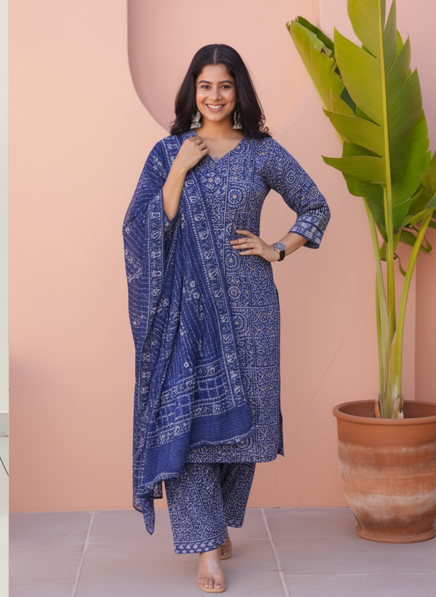 Viscose Geometric Straight Indigo blue Kurta