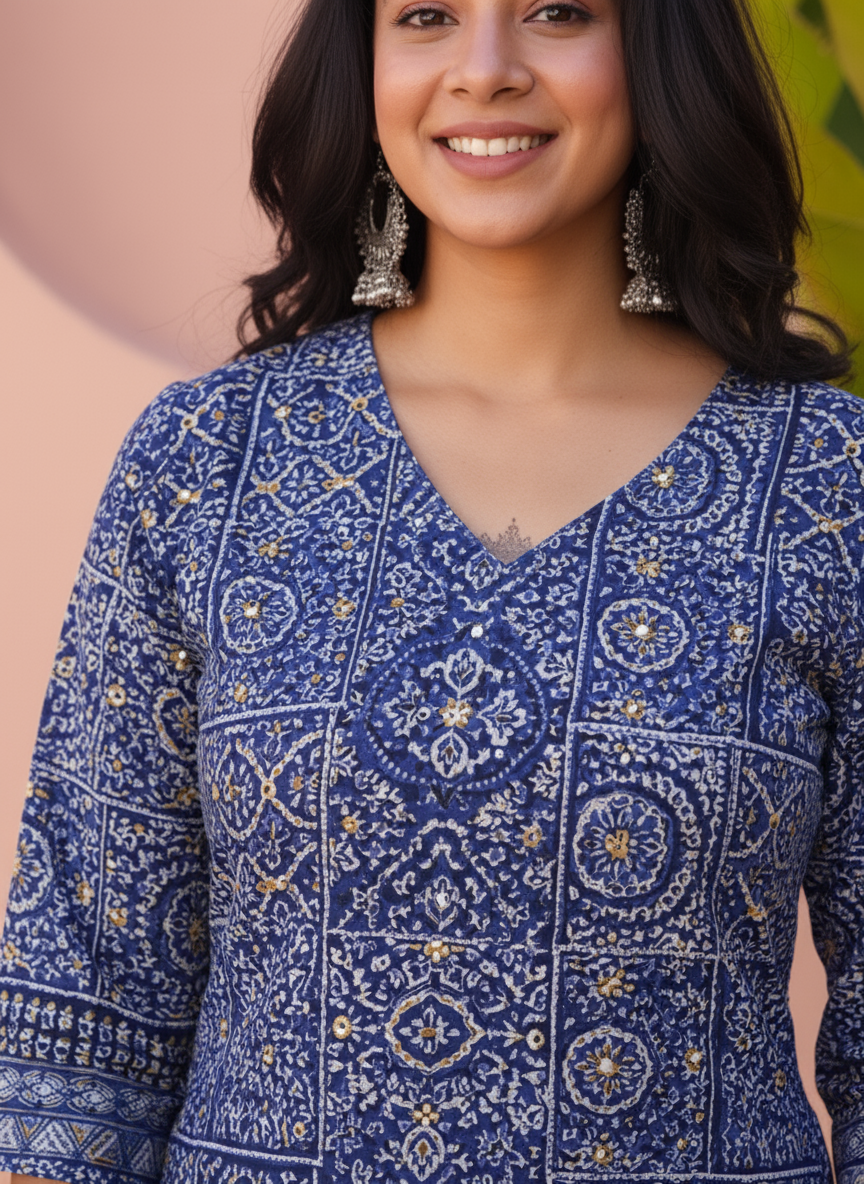Viscose Geometric Straight Indigo blue Kurta