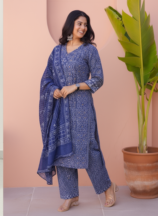 Viscose Geometric Straight Indigo blue Kurta