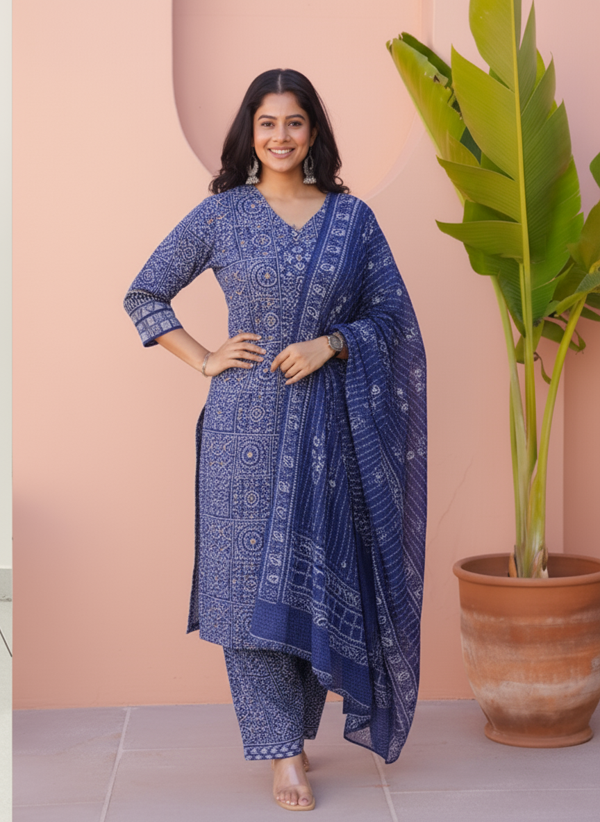 Viscose Geometric Straight Indigo blue Kurta