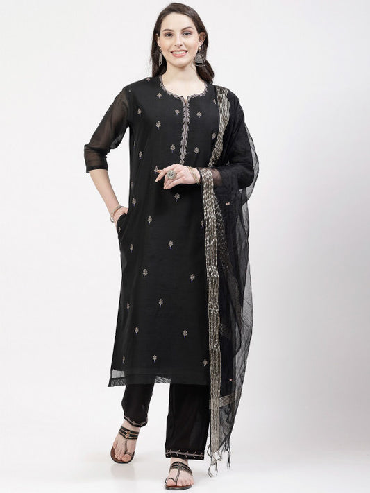 DART STUDIO Ethnic Motifs Embroidered Regular Zardozi Chanderi Silk Kurta with Trousers