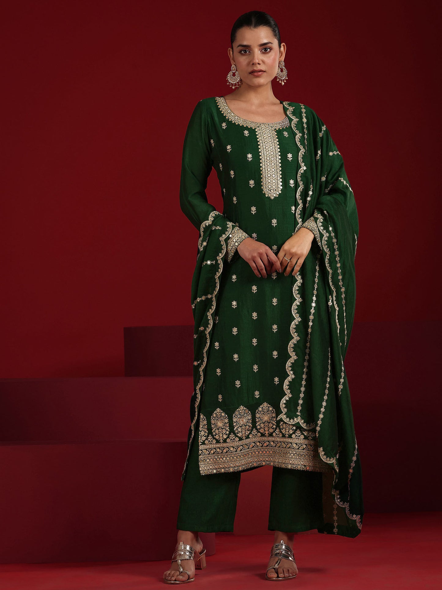 Green Floral Kurta with Pant and Dupatta (Set of 2)