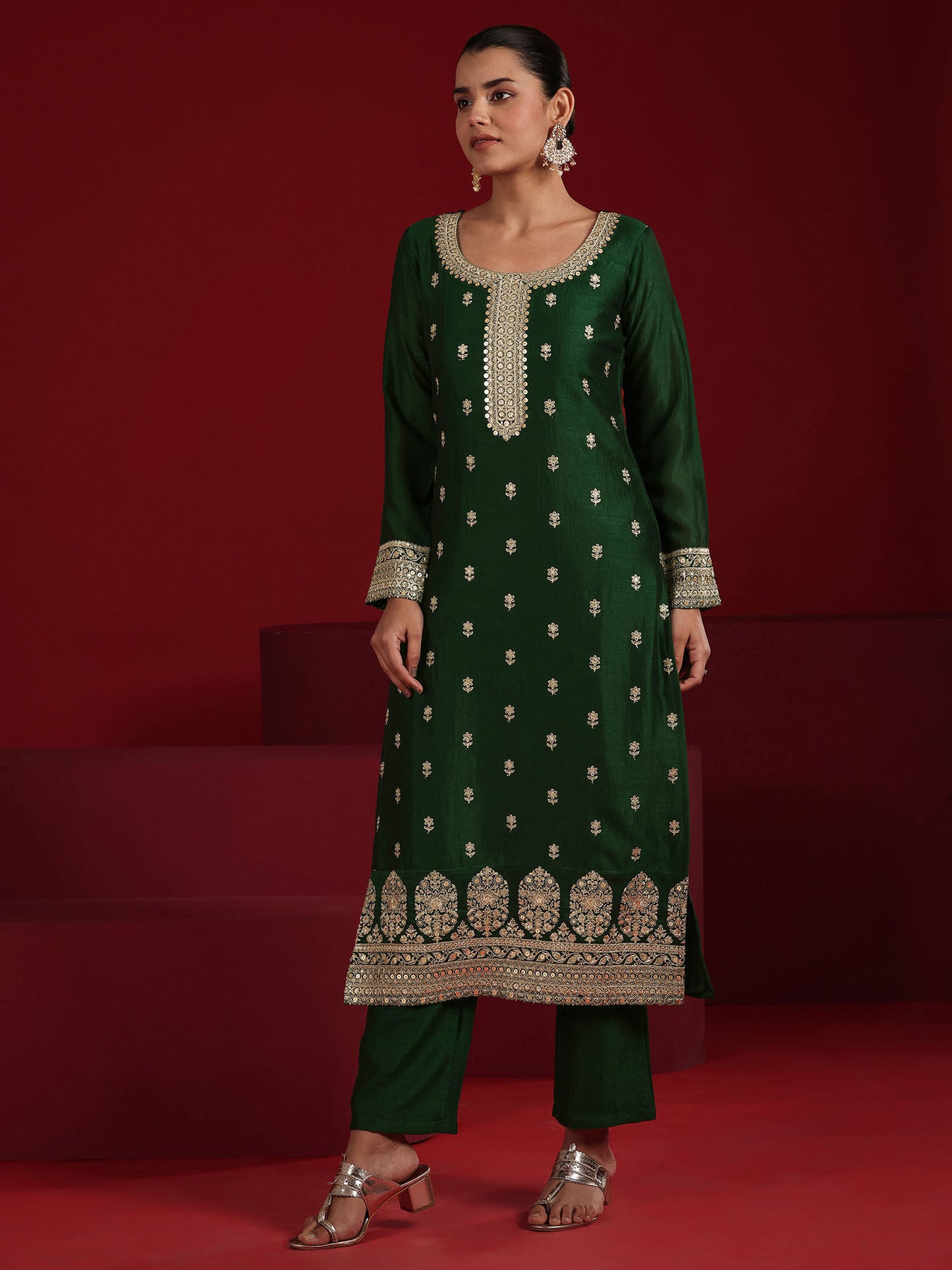 Green Floral Kurta with Pant and Dupatta (Set of 2)