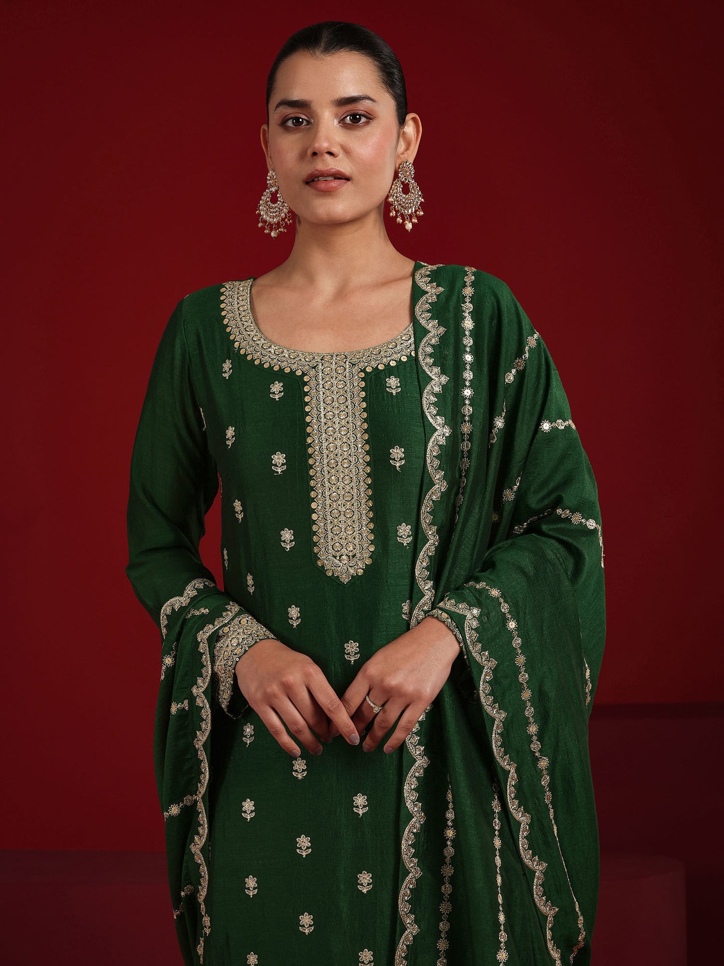 Green Floral Kurta with Pant and Dupatta (Set of 2)