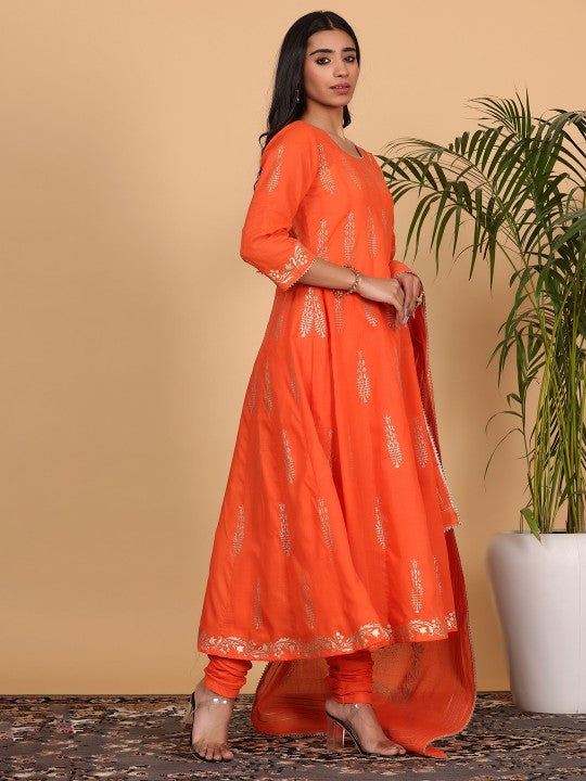 Floral Printed Pure Cotton Anarkali Kurta with Churidar & Dupatta