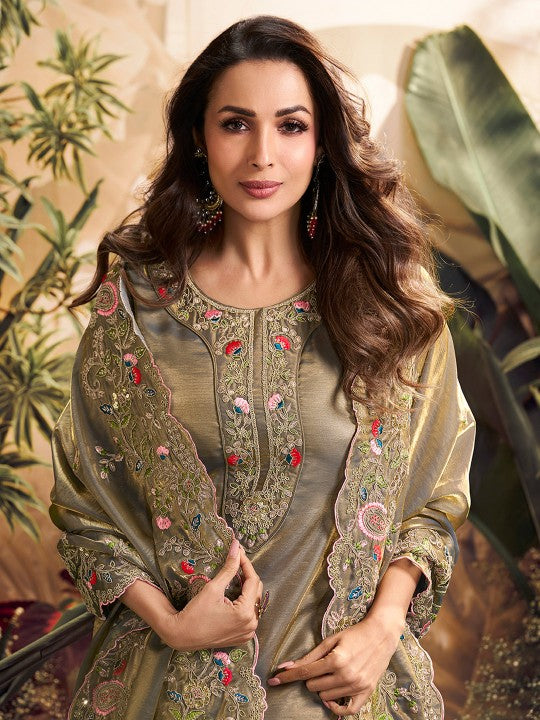 Inddus Women Floral Embroidered Zari Straight Crushed Organza Kurta