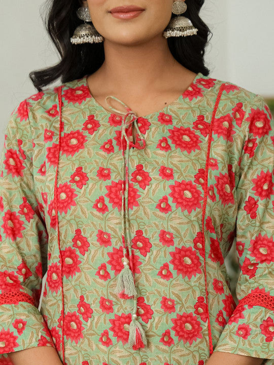 Yufta Women Floral Embroidered Regular Patchwork Pure Cotton Kurta with Trousers & With Dupatta