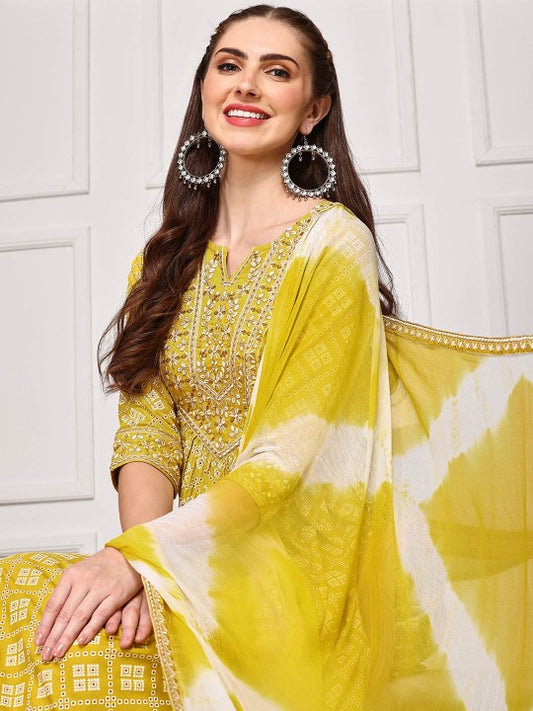 Ishin Bandhani Embroidered Kurta with Trousers and Tie and Dye Hand Tassels Dupatta