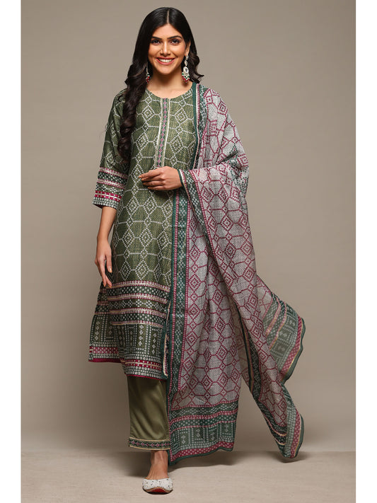 Womens Green Printed Viscose Straight Suit (Set of 3)