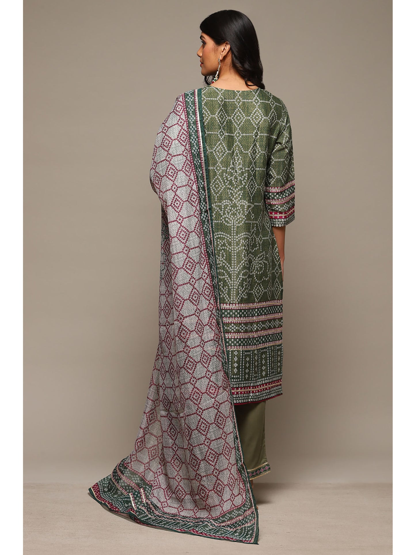 Womens Green Printed Viscose Straight Suit (Set of 3)