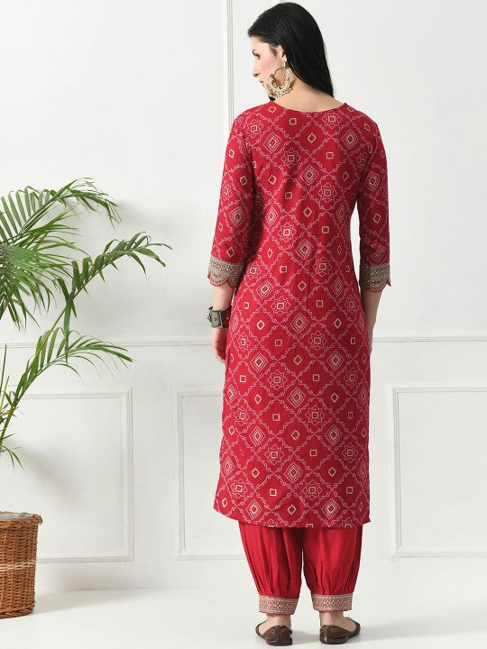 Neck Ethnic Motifs Printed Regular Pure Cotton Straight Kurta Set