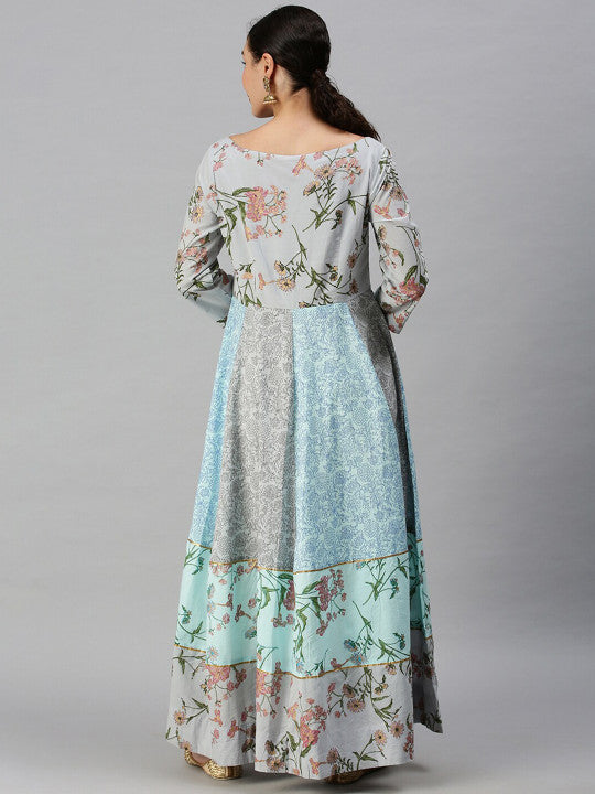 Floral Printed Round Neck Cotton Maxi Ethnic Dress
