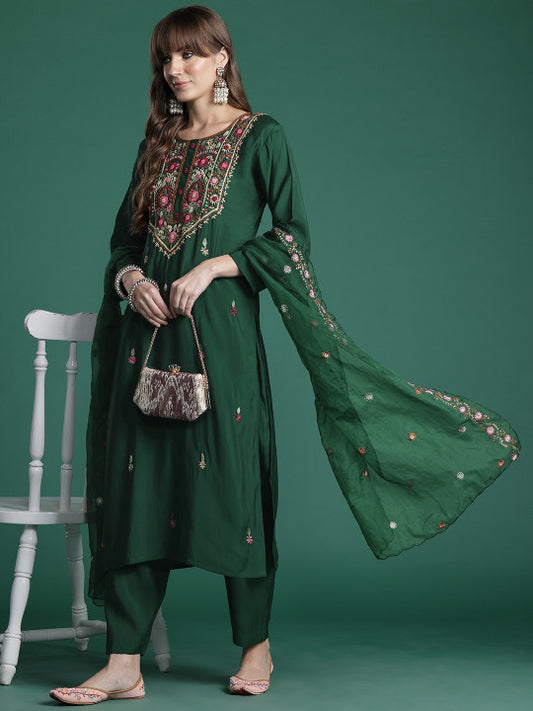 Indo Era Floral Embroidered Thread Work Kurta with Trousers & With Dupatta