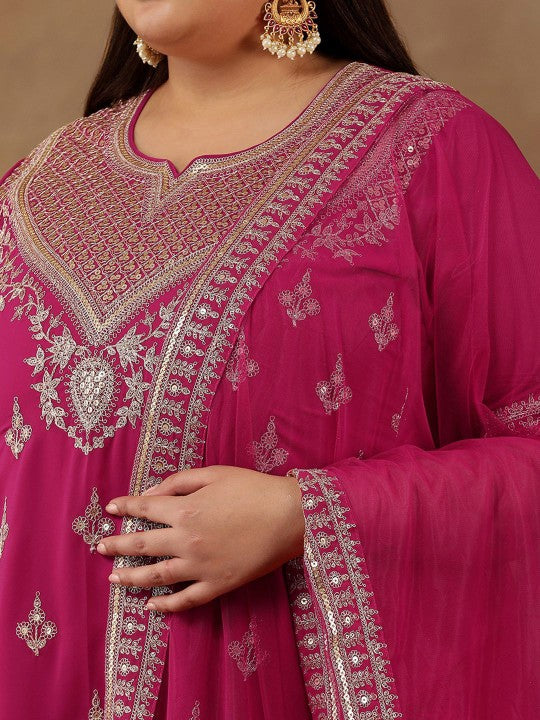 INDDUS PLUS Plus Size Embroidered Sequin Georgette Straight Kurta