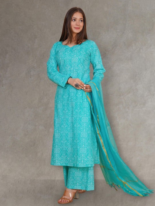 DIMPLE DESIGN STUDIO Bandhani Printed Pure Cotton Straight Kurta with Trousers & Dupatta