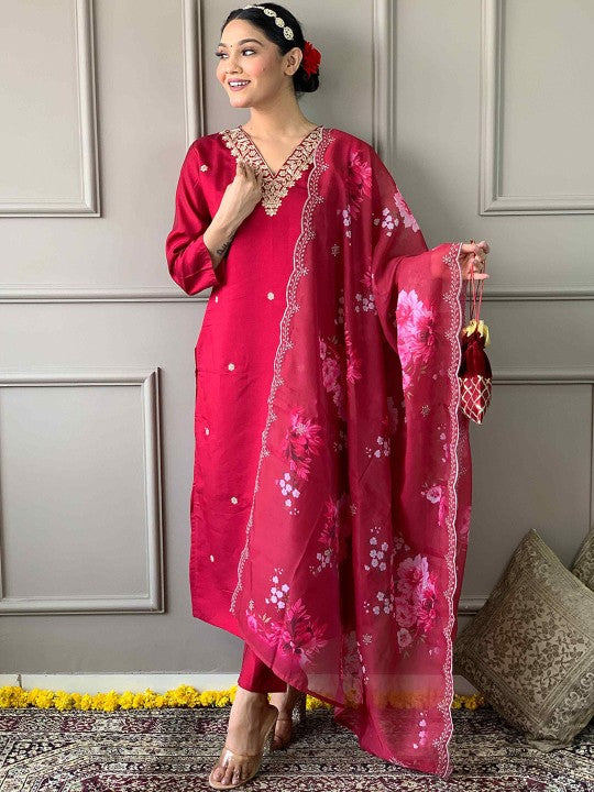 HERE&NOW Women Embroidered Regular Sequinned Chanderi Silk Kurti
