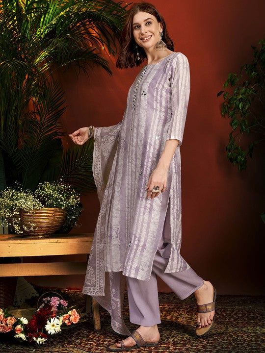 Anouk Green Striped Mirror Work Chanderi Silk Straight Kurta