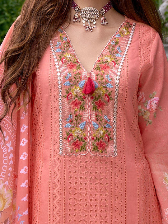 Indo Era Women Floral Embroidered Regular Mirror Work Pure Cotton Kurta with Trousers & With Dupatta