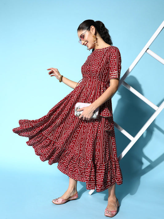Inddus Maroon & White Boat Neck Bandhani Print Ethnic Midi Dress