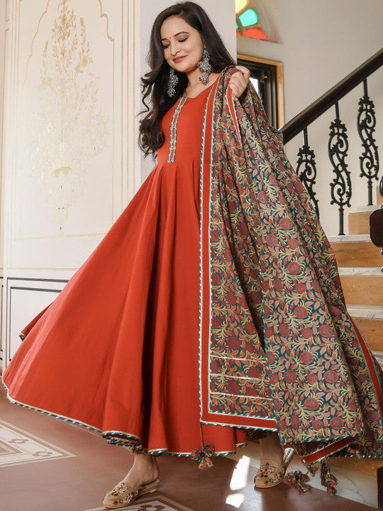 Indian Virasat Women Copper-Toned Floral Printed Panelled Pure Cotton Kurta with Trousers & With Dupatta
