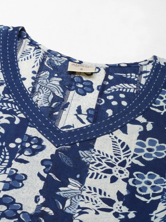 anayna Blue Floral Ethnic A-Line Cotton Maxi Ethnic Dress