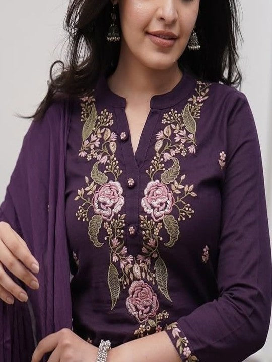 ASCIIBLUES Women Ethnic Motifs Embroidered Regular Kurta with Trousers & With Dupatta