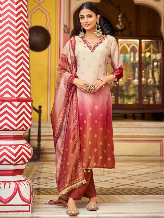 House of Pataudi Woven Design with Mirror Work Embroidered Kurta with Trousers & Dupatta