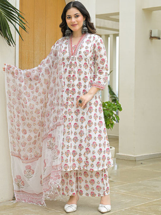 Divena Women Floral Printed Cotton A-Line Kurta with Palazzos & Dupatta