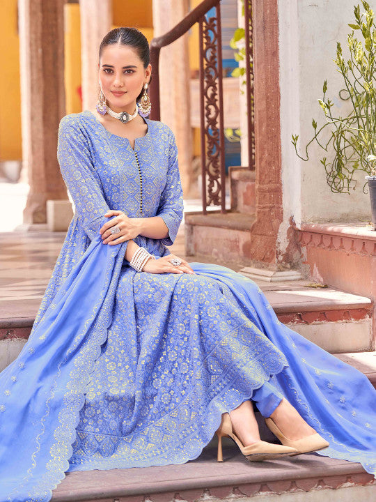 House of Pataudi Chikankari Embroidered Kurta with Trousers & Embroidered Dupatta