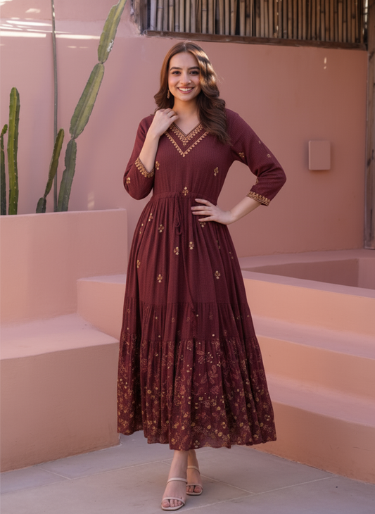 Viscose Floral Anarkali Wine Dress
