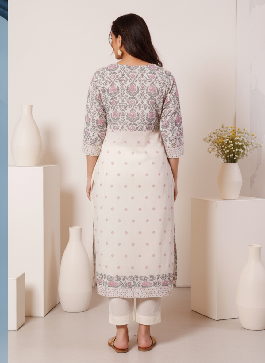 Embroidered Soft Cotton Geometric Anarkali Cream Kurta
