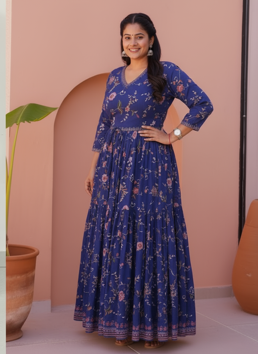 Viscose Floral Anarkali Blue Dress
