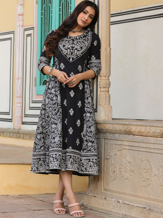 Printed Cotton Fit & Flared Midi Ethnic Dress