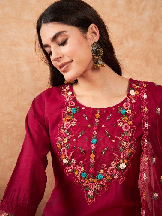 Indo Era Embroidered A-Line Kurta With Trousers & Dupatta