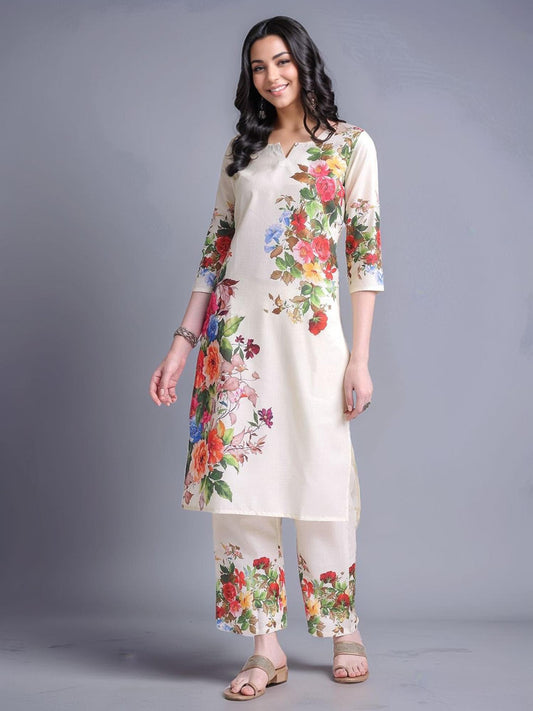 Womens Printed Cotton Blend Straight Co-Ord Set - Cream