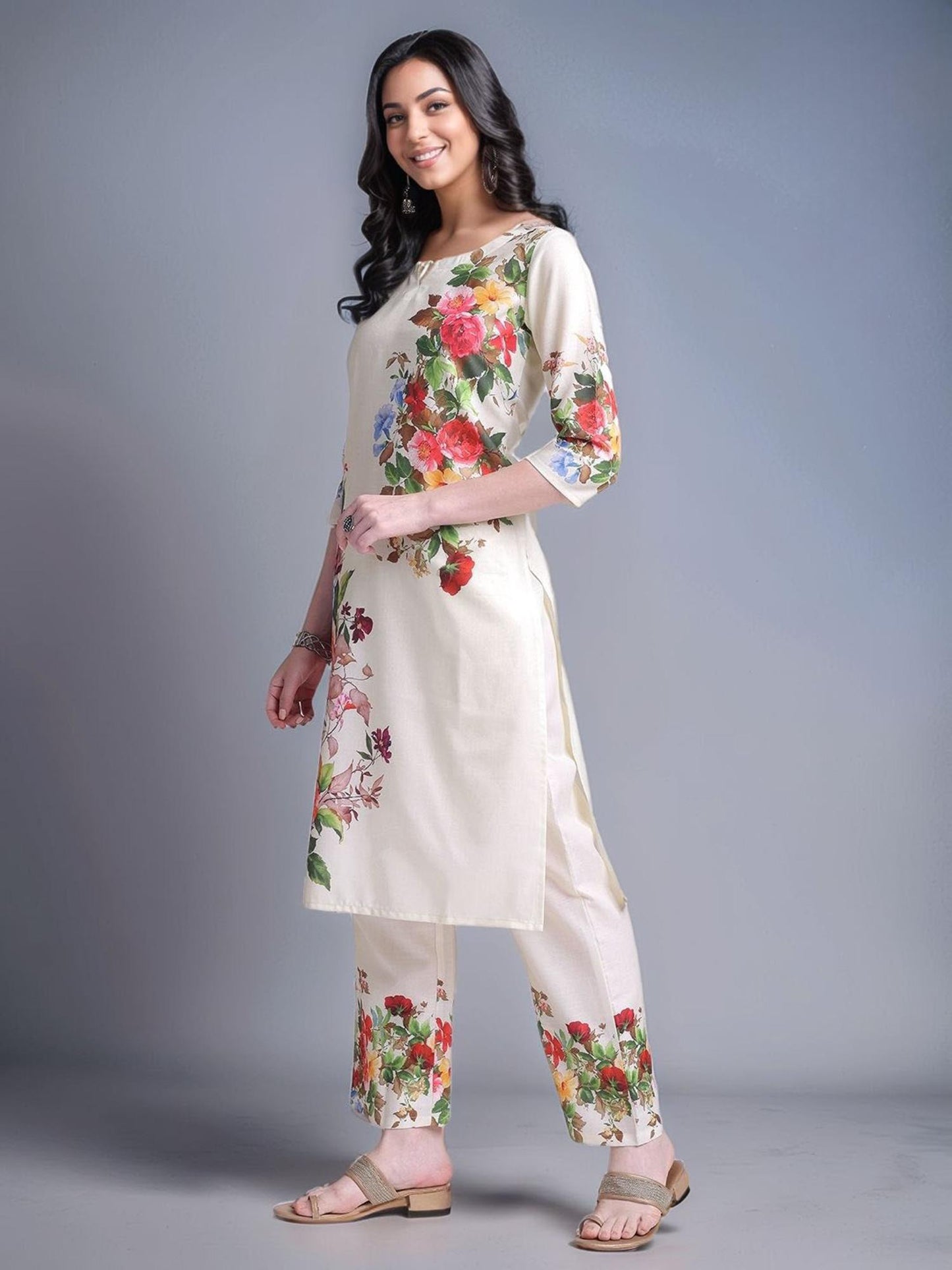 Womens Printed Cotton Blend Straight Co-Ord Set - Cream