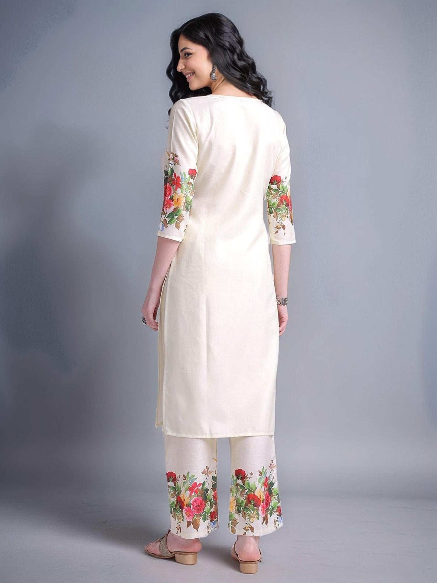 Womens Printed Cotton Blend Straight Co-Ord Set - Cream