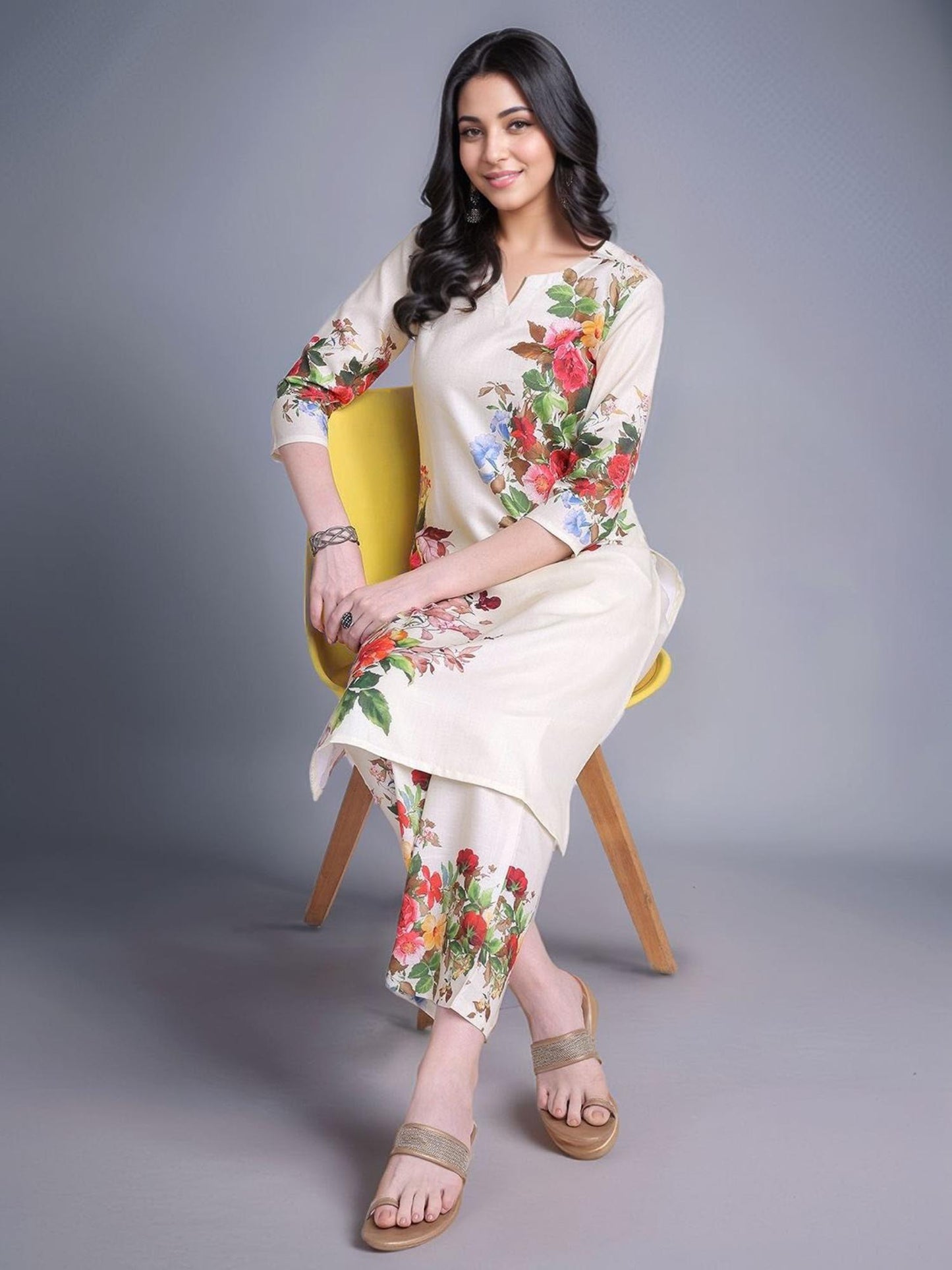 Womens Printed Cotton Blend Straight Co-Ord Set - Cream